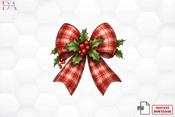 Download Red Plaid Christmas Bow Holly PNG - Premium Resources
