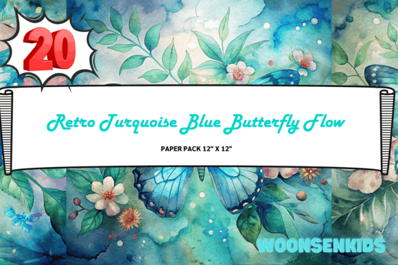 Download Best Retro Turquoise Blue Butterfly Flowers Background Watercolor Png Kdp Digital Paper - Turquoise Collection